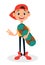 Cool boy in cap holding skateboard. Cute cartoon character.