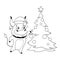 Cool bull in a santa hat decorating Christmas tree. Symbol of 2021. Vector illustration