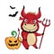 Cool bull wears halloween outfit. Cartoon happy halloween cute bull with pumpkin, bats and trident. Symbol of 2021. Vector