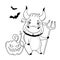 Cool bull wears halloween outfit. Cartoon happy halloween cute bull with pumpkin, bats and trident. Symbol of 2021. Vector