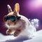 Cool Bunny in ski goggles rides a snowboard. Illustration Generative AI