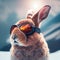 Cool Bunny in ski goggles rides a snowboard. Illustration Generative AI