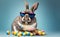 Cool bunny with sunglasses, multicolor easter eggs around, an isolated pastel background, copy space generative AI