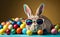 Cool bunny with sunglasses, multicolor eggs around, happy easter day, copy space generative AI