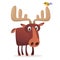 Cool carton moose with a bird on the horn. Vector illustration isolated. Poster design of sticker,