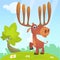 Cool carton moose. Vector illustration isolated of forest background. Poster design of sticker.