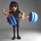 Cool cartoon gothic girl in leather catsuit lifting weights, 3d illustration