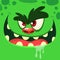 Cool Cartoon Green Monster Face. Vector Halloween illustration of excited zombie monster with wide smile.