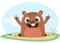 Cool cartoon marmot or chipmunk or humster in major hat waving his hands looking out of its borrow on spring background. Vector