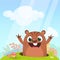 Cool cartoon marmot or chipmunk in major hat waving his hands looking out of its borrow on spring background. Vector illustration.