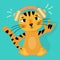 Cool cartoon tiger cub wearing headphones with thumb up. The character, satisfied with life, shows with a gesture that