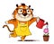 Cool cartoon tiger gardener watering flower in a pot, caring for greens. Symbol of 2022, year of the tiger. Vector