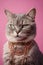 Cool cat with neckless on pink background. Fashionable appearance, be trendy. Style and fashion. Stylish pet. Jewelry