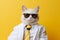 Cool cat in shades and formal attire posing on yellow background with text space on left side