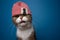 cool cat wearing beanie on blue background