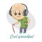 Cool chibi grandfather in fashionable clothes listens to music on headphones. Funny Party Sticker