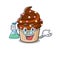 Cool chocolate cupcake Professor cartoon character with glass tube