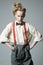 Cool and confident. retro fashion model. vintage charleston party. teen girl in retro male suit. suspender and bow tie