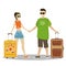 Cool couple caucasian man and woman with suitcases
