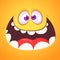 Cool crazy cartoon monster face. Vector Halloween orange monster with wide mouth smiling