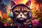 cool cute cat DJ in sunglasses listening music with headphones in vibrant exotic tropical setting. Vacation holiday