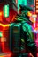 cool cyberpunk hacker wearing futuristic tactical outfit on the dystopian streets. Neon city nightlife sci fi military soldier