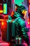 cool cyberpunk hacker wearing futuristic tactical outfit on the dystopian streets. Neon city nightlife sci fi military soldier