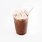 Cool delicious milkshake with chocolate flavor and whipped cream with souffle. Close-up, on a white background. Mock up
