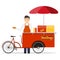 Cool detailed vector street food bicycle cart creative illustration. Mobile retro bike powered hot dog stand with parasol sunshade