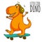 Cool dinosaur, dino listening music. Cartoon mascot for children, kids clothing. Fashionable illustration for t-shirt