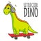 Cool dinosaur, dino listening music. Cartoon mascot for children, kids clothing. Fashionable illustration for t-shirt