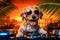 Cool dog DJ with sunglasses spins tunes on turntable, palm trees and neon lights background.