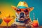 Cool dog in hat and cocktail on colorful background. great for parties concept of summer, vacation. fun and madness folly. made