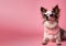 Cool dog with sunglasses and neckless on pink background. Copy space for text. Fashionable appearance, be trendy. Style