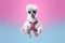 cool dressed alpaca llama in glasses. in jump motion on pink blue background, Generative AI