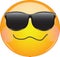 Cool drunken blushing emoji. Yellow face emoticon wearing sunglasses with a crumpled mouth, and blush on cheeks expressing drunken