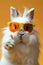 Cool easter bunny rabbit in sunglasses giving thumbs up on pastel background with space for text