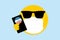 Cool emoji with face mask sunglasses, phone and I Voted pin, USA elections