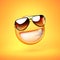 Cool emoji isolated on yellow background, smiling emoticon with sunglasses 3d rendering