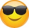 Cool emoji in shades. Yellow smiling face emoticon wearing sunglasses. Expression of being cool, happy, smiling