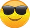 Cool emoji in shades. Yellow smiling face emoticon wearing sunglasses. Expression of being cool, happy, smiling