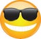 Cool emoji in sunglasses. Yellow smiling face emoticon wearing sunglasses and having wide smile showing all teeth. Expression of