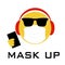 Cool emoji wearing face mask and headphones, mask up text