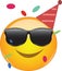 Cool emoji wearing a party hut, sunglasses and confetti flying around. Party emoticon with round yellow face and smiling.