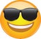 Cool emoticon in sunglasses. Awesome grinning face emoticon wearing shades and having a wide smile. Expression of being cool,