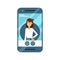Cool flat vector concept on online application dating user. Phone with dating web site female profile on display with