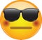 Cool flushed neutral face emoji. Awesome yellow face emoticon wearing sunglasses and having a small, closed mouth and blushing