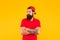 Cool and free man. Serious man yellow background. Bearded man keep hands crossed with confidence. Caucasian man with