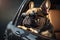 Cool French bulldog wearing sunglasses enjoys car rid in sun rays. Generative AI