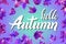 Cool fresh blue Hello Autumn design with elegant white text and bunches of orange fall leaves over a graduated blue background wit